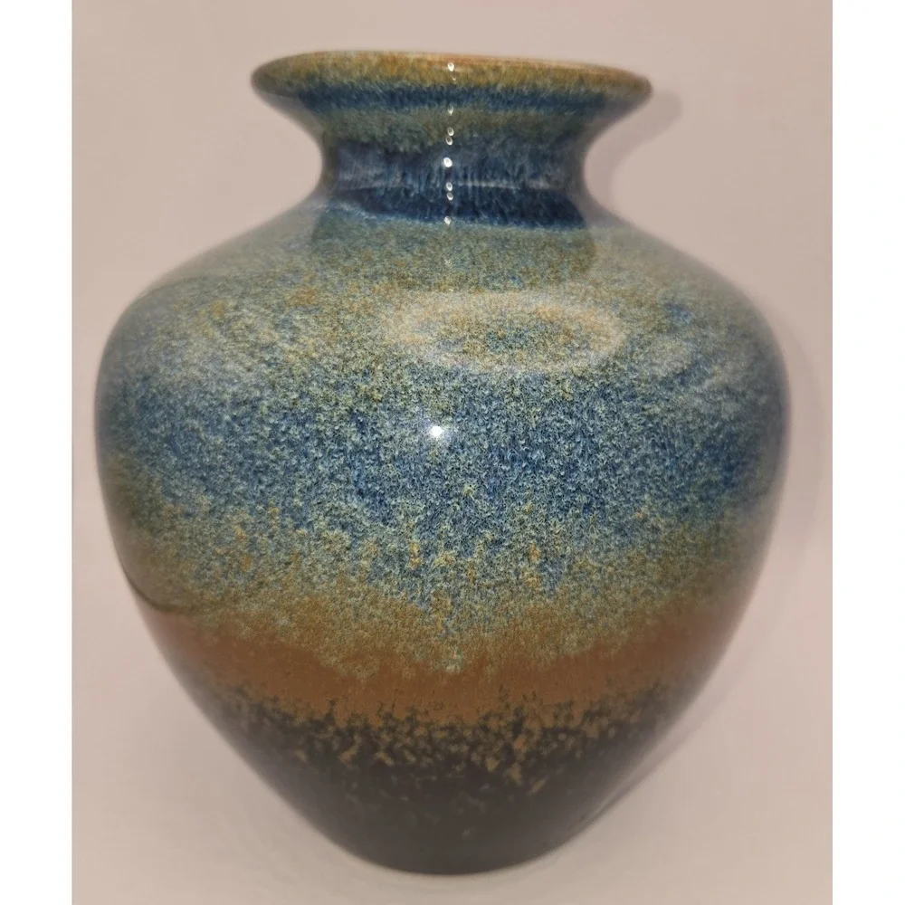 Blue Stoneware Vase Blended With Rust And Black Hues Glazed. 7.5